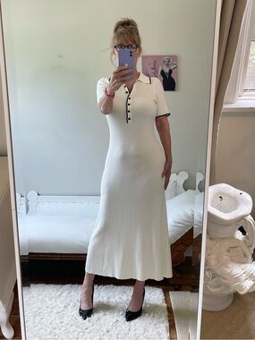 CREAM RIBBED KNIT SHORT SLEEVE SWEATER DRESS BUTTONS BLACK TRIM MEROKEETY